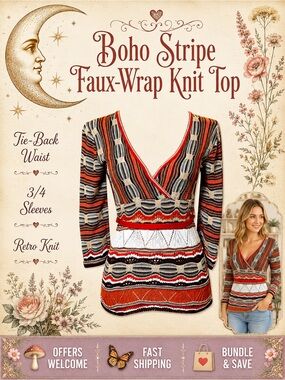 American Attitudes Faux‑Wrap Stripe Knit Top Tie‑Back 3/4 Sleeves Junior S